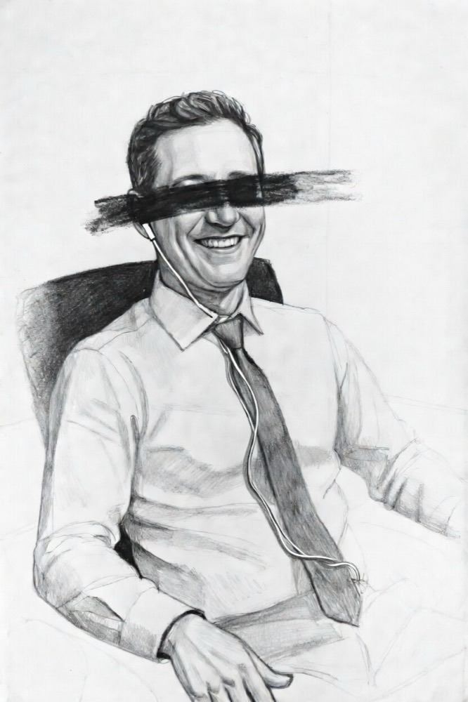 A person wearing earbuds, eyes obscured by a charcoal mark