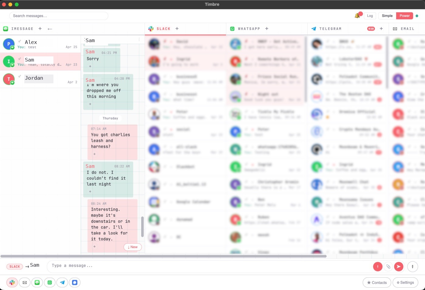 Timbre desktop interface mockup with a unified inbox
